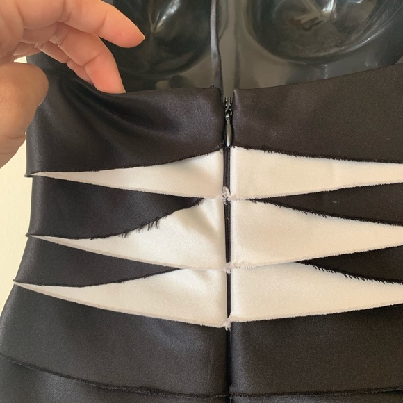 BCBG Max Azria Black and White Satin Halter Bandage Bodycon Dress - Picture 7 of 12